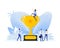 Success award people in flat style on gold background. Champion trophy, gold cup. Flat illustration.