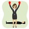 Success business woman cheering with raised arms wearing boxing gloves in front of man lying on floor