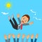 Success. businessman being thrown in the air