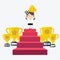 Success businesswoman character standing in a podium holding up a trophy
