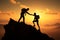 Success captured in silhouettes as one man helps another, teamwork