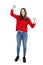 Success concept - extrovert young teenage girl cheering with both hands raised expressing her achievement and happiness.