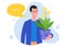 Success investment concept vector illustration, cartoon flat happy man investor character holding money coin plant pot