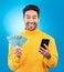 Success, money and portrait of Asian man with phone in studio for online bonus, competition and lottery. Winner, finance