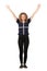 Success positive emotions, freedom concept. Full length portrait of happy teen girl, curly hair, spread her arms up looking to