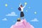 Success, victory, goal achievement of businesswoman standing on mountain to collect stars