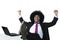 Successful Afro businessman raises hands