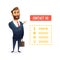 Successful beard businessman character or manager pointing finger o the button with the inscription contact us. Template