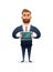 Successful beard businessman character presenting information on the tablet pc. Business concept illustration.