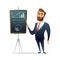 Successful beard businessman character standing near presentation screen board. Business training, meeting or seminar