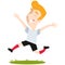 Successful blond caucasian cartoon kicker jumping joyfully