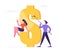 Successful Business Man Painting Huge Dollar Sign with Gold Paint, Woman Watching Process. Characters Earning Money Cash