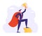 Successful Business Man in Super Hero Cape Hold Golden Cup Stand on Stack of Gold Coins, Character with Money