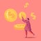 Successful Business Woman Carry Huge Gold Coin, Character with Money Cash. Rich Businesswoman Make Saving