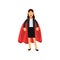 Successful business woman dressed in classic costume with red superhero cape. Powerful female character standing