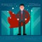 Successful businessman or broker in suit and red cape on city roof background. Vector illustration of superhero as concept of bus