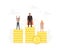 Successful businessman and businesswoman on podium. Little people standing on large gold coins. Vector business