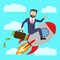 A successful businessman flies a rocket up and holds a suitcase full of money.