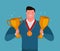 Successful businessman holding the Cup winner. Success, achievement in business. Vector illustration