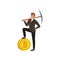 Successful businessman holding pickaxe on shoulder and one leg on golden bitcoin. Self-confident young man in formal