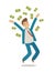 Successful businessman jumps and throws money. Business concept. Cartoon vector illustration