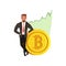 Successful businessman near golden bitcoin, growing graph. Cartoon man in formal suit. Cryptocurrency trading. Virtual