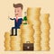 Successful businessman sitting on the money, and drinking champagne. Symbol of wealth and big profits. Vector illustration