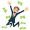Successful Businessman Smiling And Jumping With Money Fly Away