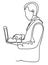 Successful businessman in suit stands sideways, holding laptop at hands. Business concept illustration. Continuous line drawing. I