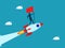 Successful businessman takes initiative holding a flag on a flying rocket. business concept