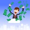 Successful businessman thumb up money bills pile, illustration