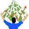 Successful businessman thumb up money bills pile, illustration