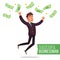 Successful Businessman Vector. Money Bills Fall To The Joyful Businessman.