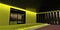 A successful combination of yellow lighting and porch wall decoration with black and white brick tiles. The impression of