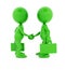 Successful deal. Two 3d green characters shaking hands. Isolated