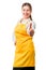 Successful girl in yellow apron smiling