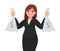 Successful happy businesswoman holding cash/money or currency bags in hands. Business and finance concept.