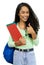 Successful hispanic student with dental aligner and books and backpack