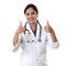 Successful Indian woman doctor showing thumbs up on white