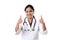 Successful Indian woman doctor showing thumbs up on white background