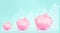 Successful international financial investment concept. Three Pink piggy bank with digital hologram financial charts showing