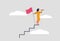 Successful leader woman confidently looks into the future through binoculars. Woman stands on stairs and holds flag as a leader.