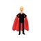 Successful man in red superhero cape standing with arms akimbo. Male character in classic business suit with tie. Office