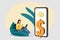 Successful online transaction. Excited young woman looking at laptop, sitting near huge smartphone with dollar icon