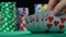 Successful poker player holding royal flush card combination. Leader, winner