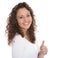 Successful pretty smiling young woman isolated with thumb up over white.