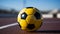 Successful soccer ball competition on a blue grass field generated by AI