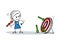 Successful stick business woman shoots arrows at target and misses. Cartoon stick figure woman smiling at difficulties