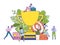 Successful team concept, award winning tiny people with giant trophy prize, vector illustration