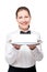 Successful waitress with a tray on which there is an empty blank